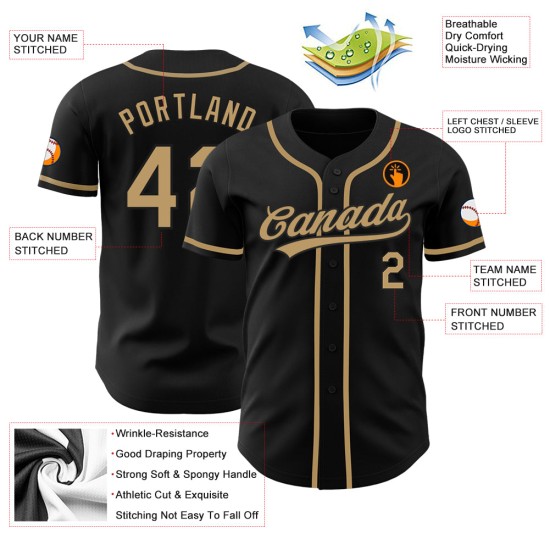 Schwarzes altes authentisches benutzerdefiniertes Baseball-Trikot in Gold Schwarzes altes authentisches benutzerdefiniertes Baseball-Trikot in Gold