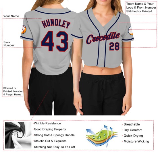Benutzerdefinierte Marine-Rot Damen Baseball V-Ausschnitt Cropped Jersey Grau Benutzerdefinierte Marine-Rot Damen Baseball V-Ausschnitt Cropped Jersey Grau