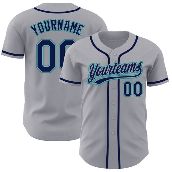 Graues Baseball-Trikot, benutzerdefiniertes Marineblau-Blaugrün, authentisch Graues Baseball-Trikot, benutzerdefiniertes Marineblau-Blaugrün, authentisch