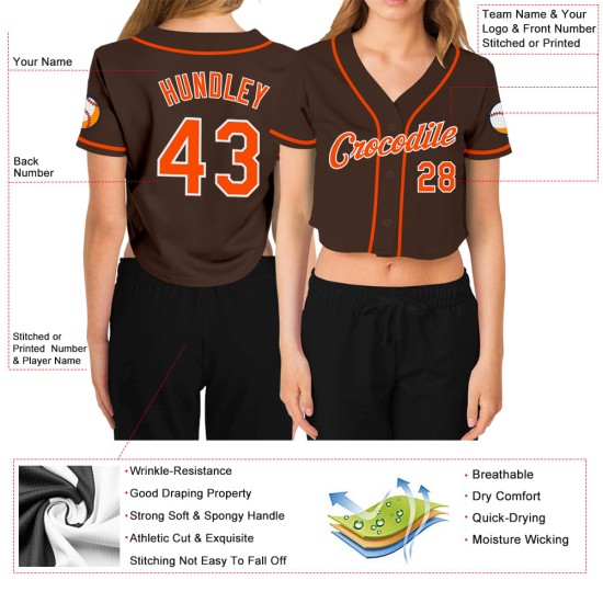 Custom Brown Damen Cropped Jersey V-Ausschnitt Baseball Orange-Weiß Custom Brown Damen Cropped Jersey V-Ausschnitt Baseball Orange-Weiß