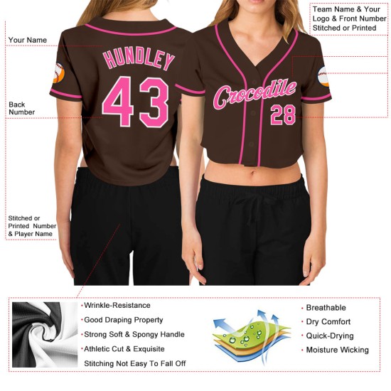 Rosa-Weiß V-Ausschnitt Damen Cropped Jersey Custom Baseball Braun Rosa-Weiß V-Ausschnitt Damen Cropped Jersey Custom Baseball Braun