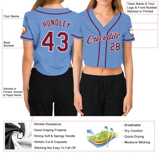 Damen V-Ausschnitt Jersey Cropped Custom Baseball Purpur-Weiß Hellblau Damen V-Ausschnitt Jersey Cropped Custom Baseball Purpur-Weiß Hellblau