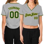 Baseball Cropped Damen V-Ausschnitt Grau Jersey Grün-Gold Custom Baseball Cropped Damen V-Ausschnitt Grau Jersey Grün-Gold Custom