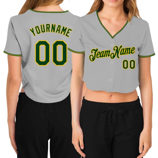 Baseball Cropped Damen V-Ausschnitt Grau Jersey Grün-Gold Custom Baseball Cropped Damen V-Ausschnitt Grau Jersey Grün-Gold Custom