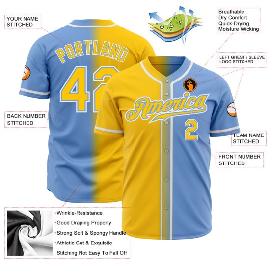 Baseball Gelb-Weiß Custom Jersey Licht Authentische Mode Blau Gradienten Baseball Gelb-Weiß Custom Jersey Licht Authentische Mode Blau Gradienten