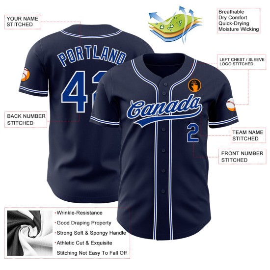 Marineblaues, königsblaues und weißes authentisches Custom-Baseballtrikot Marineblaues, königsblaues und weißes authentisches Custom-Baseballtrikot