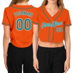 Orange Aqua-Weiß Jersey Cropped V-Ausschnitt Baseball Custom Damen Orange Aqua-Weiß Jersey Cropped V-Ausschnitt Baseball Custom Damen