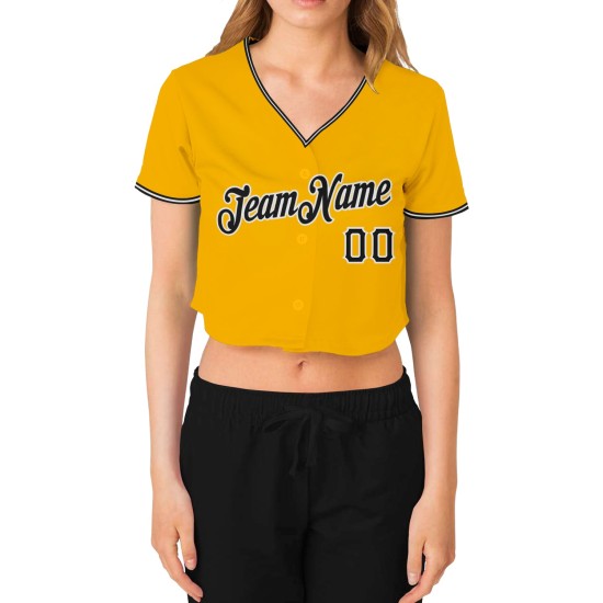 Custom Gold Baseball Cropped Damen V-Ausschnitt Trikot Schwarz-Weiß Custom Gold Baseball Cropped Damen V-Ausschnitt Trikot Schwarz-Weiß