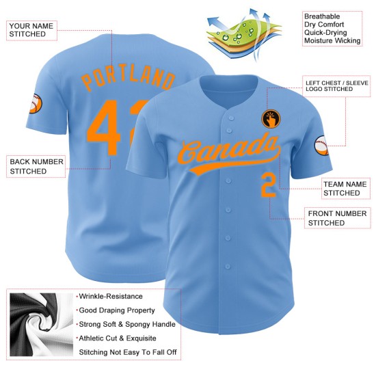 Orange Authentic Light Bay Jersey Baseball Blau Custom Orange Authentic Light Bay Jersey Baseball Blau Custom