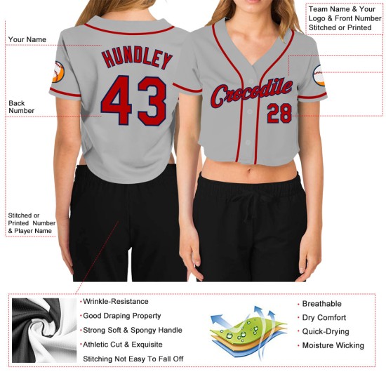 Rot-Marineblau Grau Jersey Custom Cropped Baseball Damen V-Ausschnitt Rot-Marineblau Grau Jersey Custom Cropped Baseball Damen V-Ausschnitt