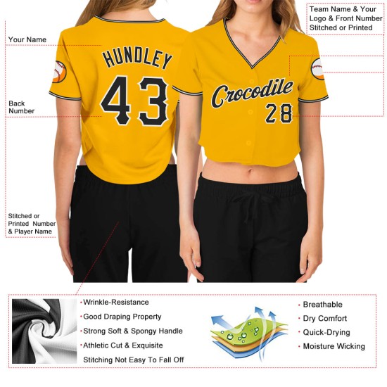 Custom Gold Baseball Cropped Damen V-Ausschnitt Trikot Schwarz-Weiß Custom Gold Baseball Cropped Damen V-Ausschnitt Trikot Schwarz-Weiß