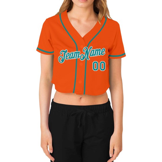 Orange Aqua-Weiß Jersey Cropped V-Ausschnitt Baseball Custom Damen Orange Aqua-Weiß Jersey Cropped V-Ausschnitt Baseball Custom Damen