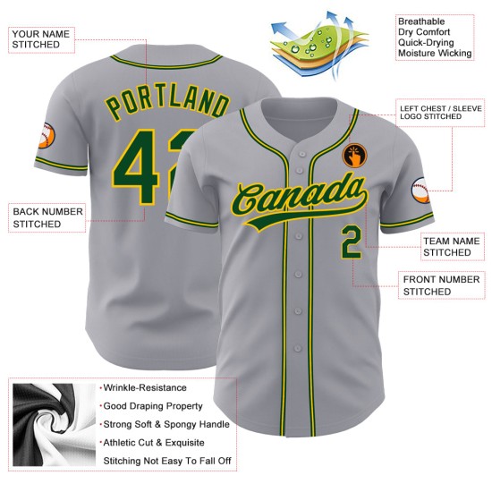 Graues authentisches benutzerdefiniertes Baseball-Trikot Grün-Gold Graues authentisches benutzerdefiniertes Baseball-Trikot Grün-Gold