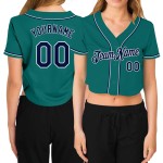 Jersey Baseball Damen V-Ausschnitt Marineblau-Weiß Aqua Custom Cropped Jersey Baseball Damen V-Ausschnitt Marineblau-Weiß Aqua Custom Cropped