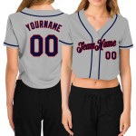 Benutzerdefinierte Marine-Rot Damen Baseball V-Ausschnitt Cropped Jersey Grau Benutzerdefinierte Marine-Rot Damen Baseball V-Ausschnitt Cropped Jersey Grau