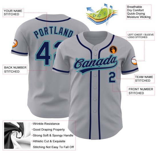 Graues Baseball-Trikot, benutzerdefiniertes Marineblau-Blaugrün, authentisch Graues Baseball-Trikot, benutzerdefiniertes Marineblau-Blaugrün, authentisch