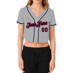 Benutzerdefinierte Marine-Rot Damen Baseball V-Ausschnitt Cropped Jersey Grau Benutzerdefinierte Marine-Rot Damen Baseball V-Ausschnitt Cropped Jersey Grau