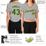 Baseball Cropped Damen V-Ausschnitt Grau Jersey Grün-Gold Custom Baseball Cropped Damen V-Ausschnitt Grau Jersey Grün-Gold Custom