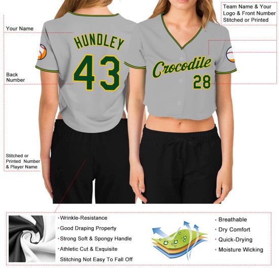Baseball Cropped Damen V-Ausschnitt Grau Jersey Grün-Gold Custom Baseball Cropped Damen V-Ausschnitt Grau Jersey Grün-Gold Custom