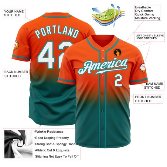 Custom Baseball Weiß-Blaugrün Authentic Jersey Orange Fade Fashion Custom Baseball Weiß-Blaugrün Authentic Jersey Orange Fade Fashion