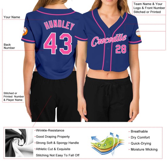 V-Ausschnitt Royal Damen Jersey Baseball Custom Pink-Weiß Cropped V-Ausschnitt Royal Damen Jersey Baseball Custom Pink-Weiß Cropped