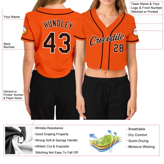 V-Ausschnitt Braun-Weiß Jersey Damen Custom Cropped Baseball Orange V-Ausschnitt Braun-Weiß Jersey Damen Custom Cropped Baseball Orange