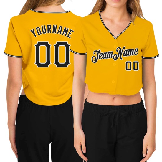 Custom Gold Baseball Cropped Damen V-Ausschnitt Trikot Schwarz-Weiß Custom Gold Baseball Cropped Damen V-Ausschnitt Trikot Schwarz-Weiß