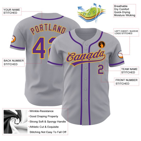 Lila-Gold Baseball Custom Jersey Authentic Grau Lila-Gold Baseball Custom Jersey Authentic Grau