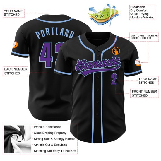 Blau Schwarz Jersey Custom Baseball Authentic Lila-Licht Blau Schwarz Jersey Custom Baseball Authentic Lila-Licht