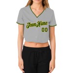 Baseball Cropped Damen V-Ausschnitt Grau Jersey Grün-Gold Custom Baseball Cropped Damen V-Ausschnitt Grau Jersey Grün-Gold Custom