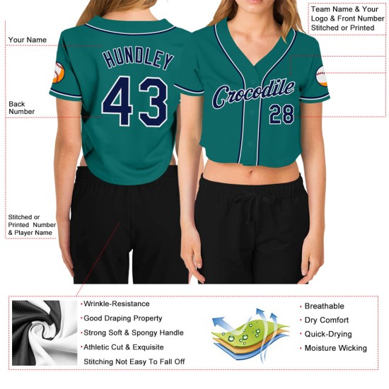 Jersey Baseball Damen V-Ausschnitt Marineblau-Weiß Aqua Custom Cropped Jersey Baseball Damen V-Ausschnitt Marineblau-Weiß Aqua Custom Cropped